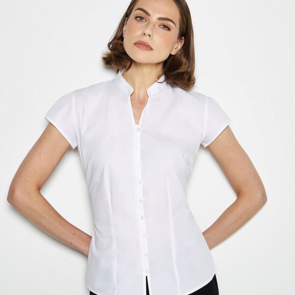 Women's continental blouse mandarin collar cap sleeve Thumbnail